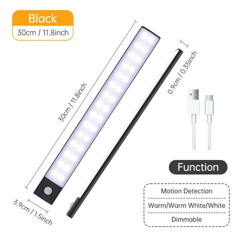 Rechargeable Motion Sensor LED Light Bar – Wireless Under-Cabinet & Desk Lighting (USB-C, Adjustable Brightness)