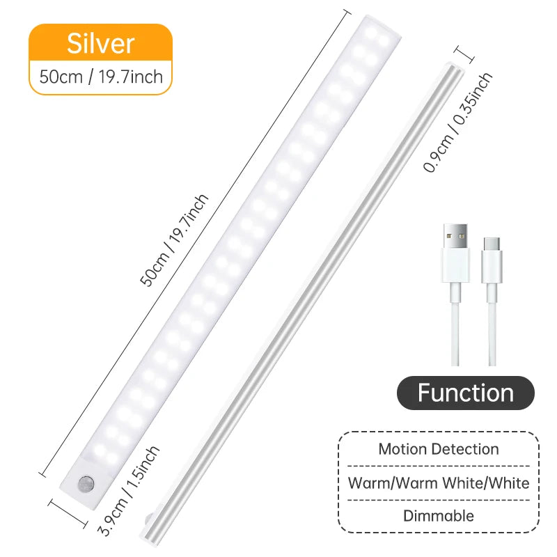 Rechargeable Motion Sensor LED Light Bar – Wireless Under-Cabinet & Desk Lighting (USB-C, Adjustable Brightness)
