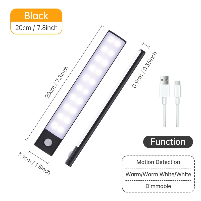 Rechargeable Motion Sensor LED Light Bar – Wireless Under-Cabinet & Desk Lighting (USB-C, Adjustable Brightness)
