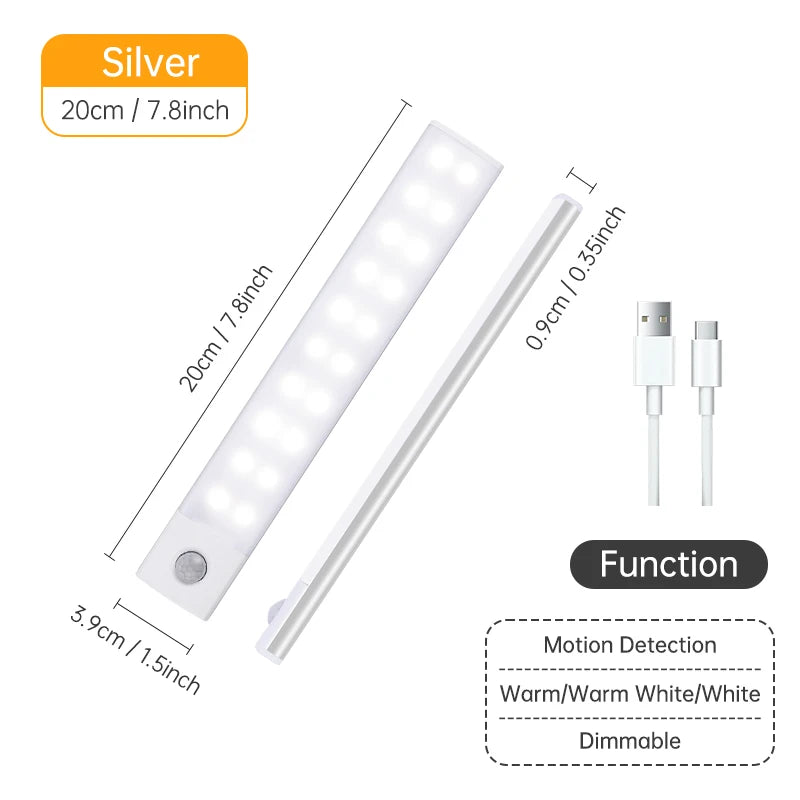 Rechargeable Motion Sensor LED Light Bar – Wireless Under-Cabinet & Desk Lighting (USB-C, Adjustable Brightness)