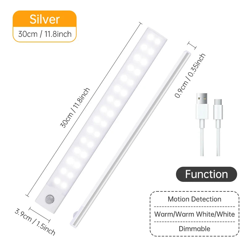 Rechargeable Motion Sensor LED Light Bar – Wireless Under-Cabinet & Desk Lighting (USB-C, Adjustable Brightness)