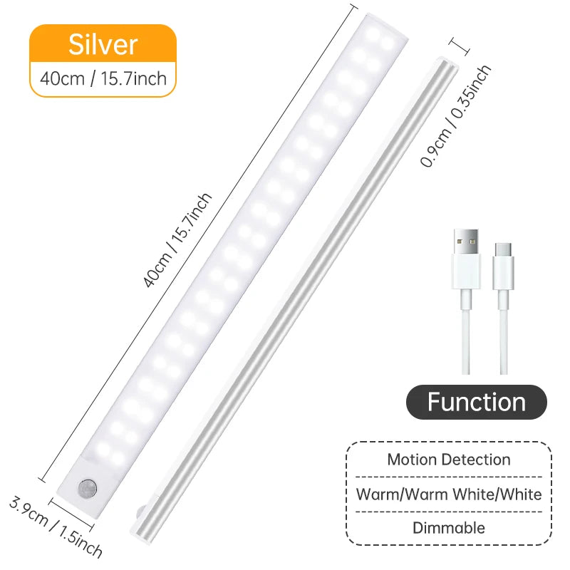 Rechargeable Motion Sensor LED Light Bar – Wireless Under-Cabinet & Desk Lighting (USB-C, Adjustable Brightness)