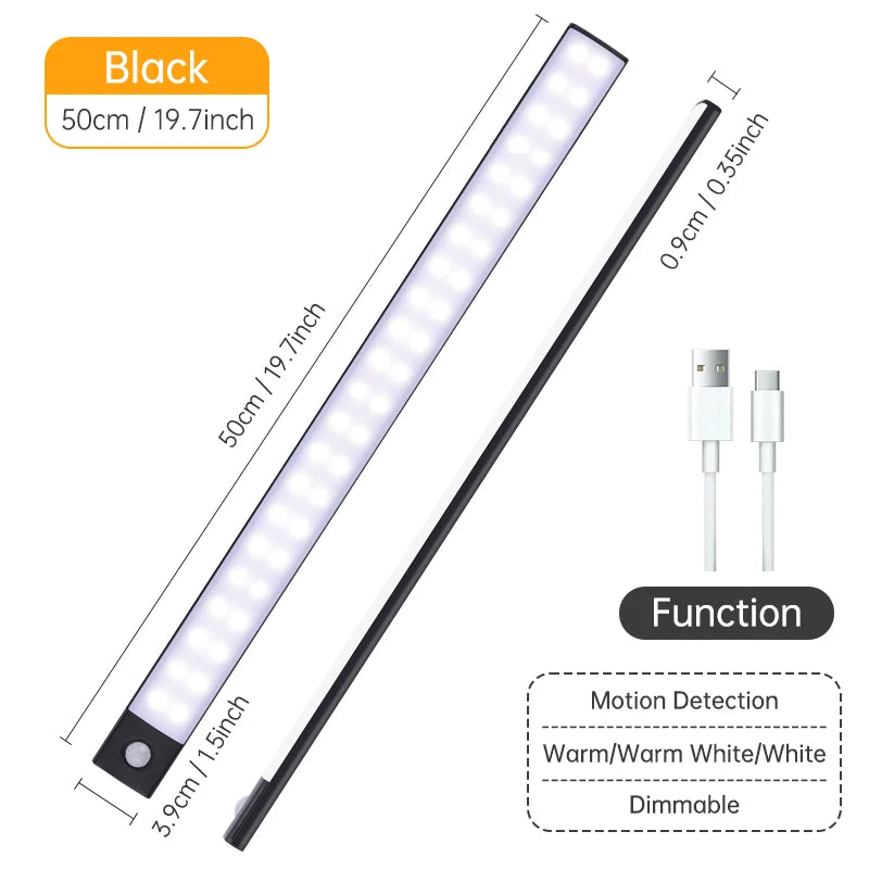 Rechargeable Motion Sensor LED Light Bar – Wireless Under-Cabinet & Desk Lighting (USB-C, Adjustable Brightness)